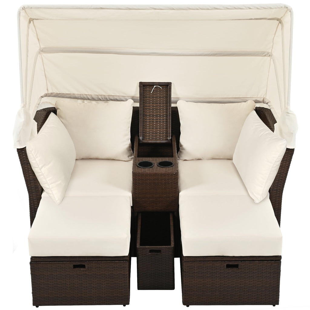 2-Seater Outdoor Patio Daybed Outdoor Double Daybed Outdoor Loveseat Sofa Set with Foldable Awning and Cushions for Garden, Balcony, Poolside, Beige