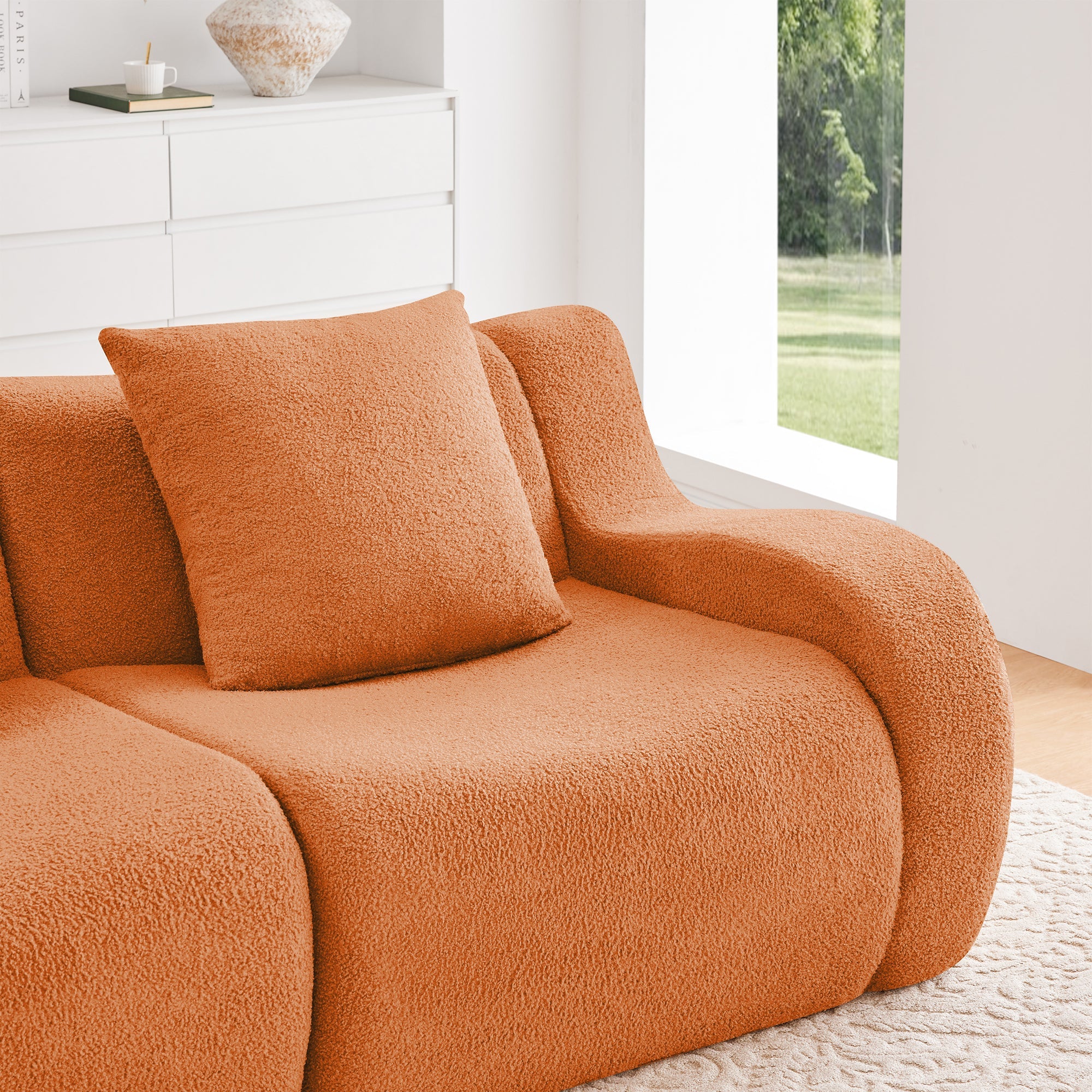 U-Shaped Boneless Sofa,Teddy Fabric No assembly required Curved armrest,Anti-slip Design,Streamlined Design 32D High Density Sponge,Full Compression Vacuum Packag,For Studies living Rooms,Orange