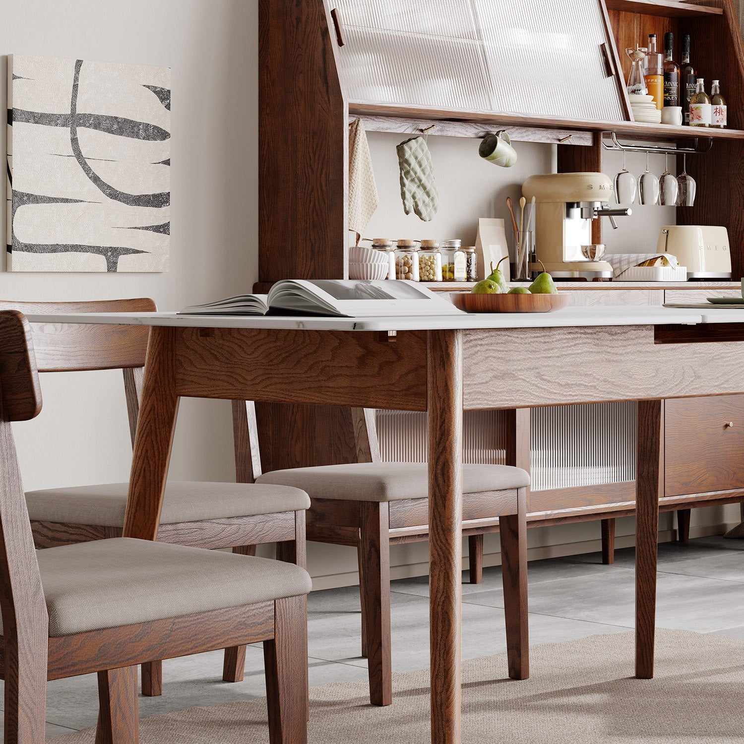 Walnut Solid Oak and White Slate Telescopic Dining Table for 6-8 People, Wood (Walnut Color)