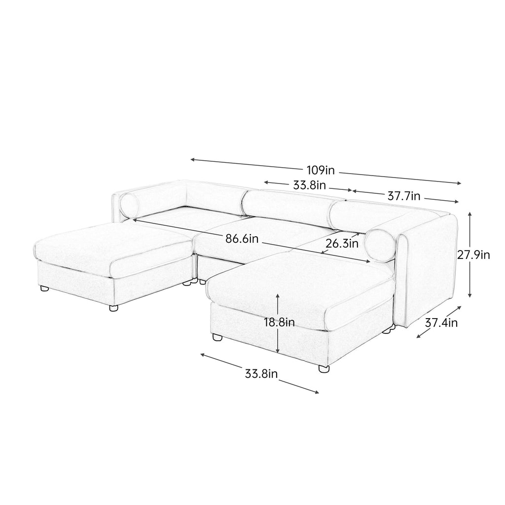 Elegant White Chenille  Sofa with Storage Seat and Ottoman, U-Shaped 3-Seater Cylindrical Backrest and Armrests, Contemporary 3-Seater Fabric Couch with Hidden Storage Compartment