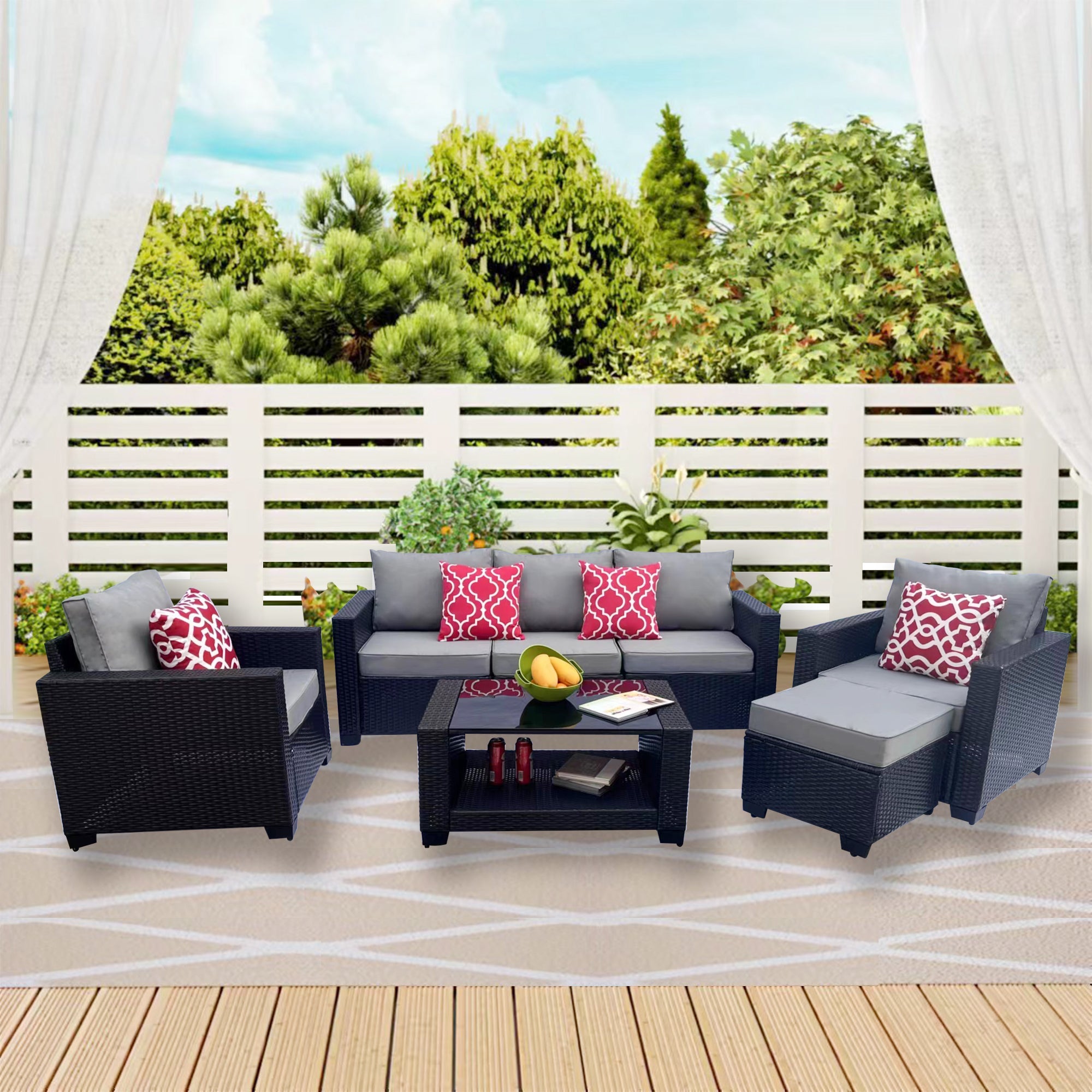 Outdoor Garden Patio Furniture 7-Piece PE Rattan Wicker Cushioned Sofa Sets  and Coffee Table, patio furniture set;outdoor couch;outdoor couch patio furniture;outdoor sofa;patio couch