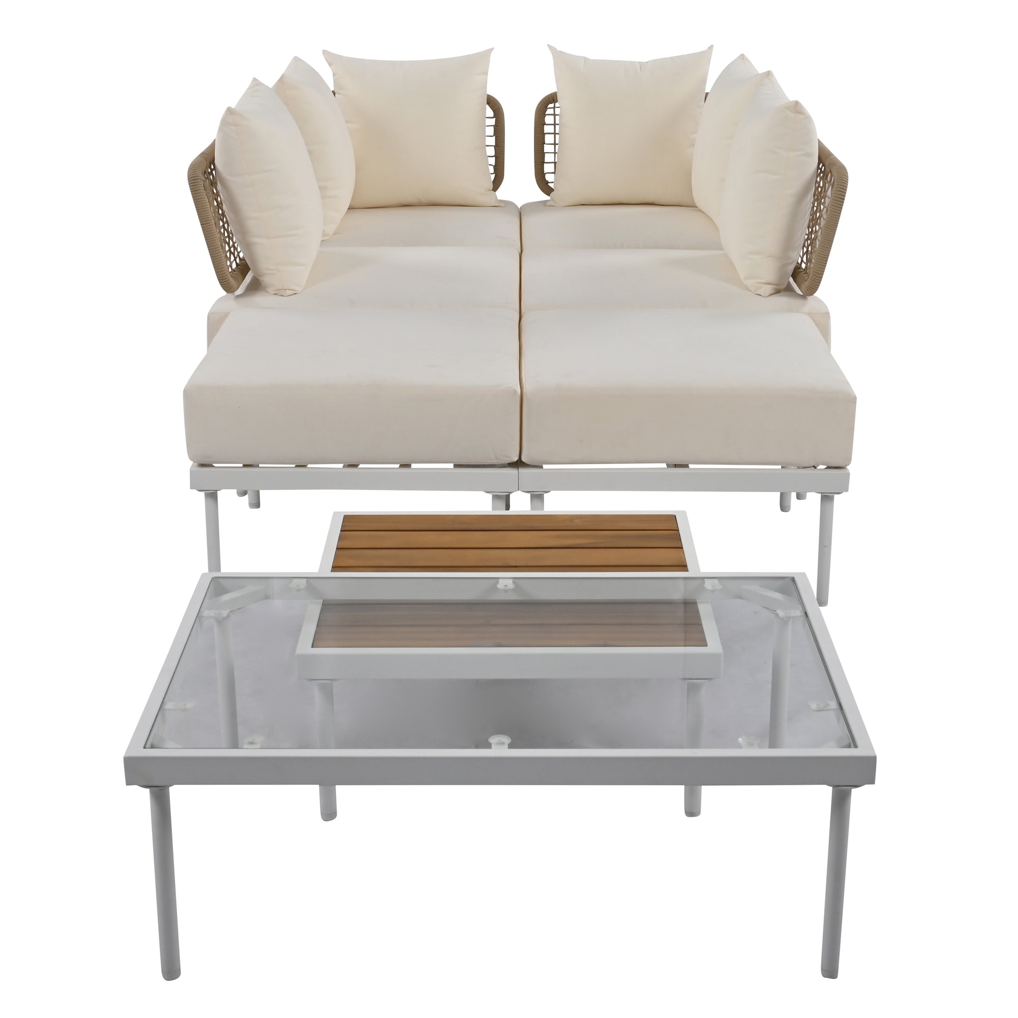 TREXM 8-Piece Patio Sectional Sofa Set with Tempered Glass Coffee Table and Wooden Coffee Table for Outdoor Oasis, Garden, Patio and Poolside (Beige Cushion + White Steel)
