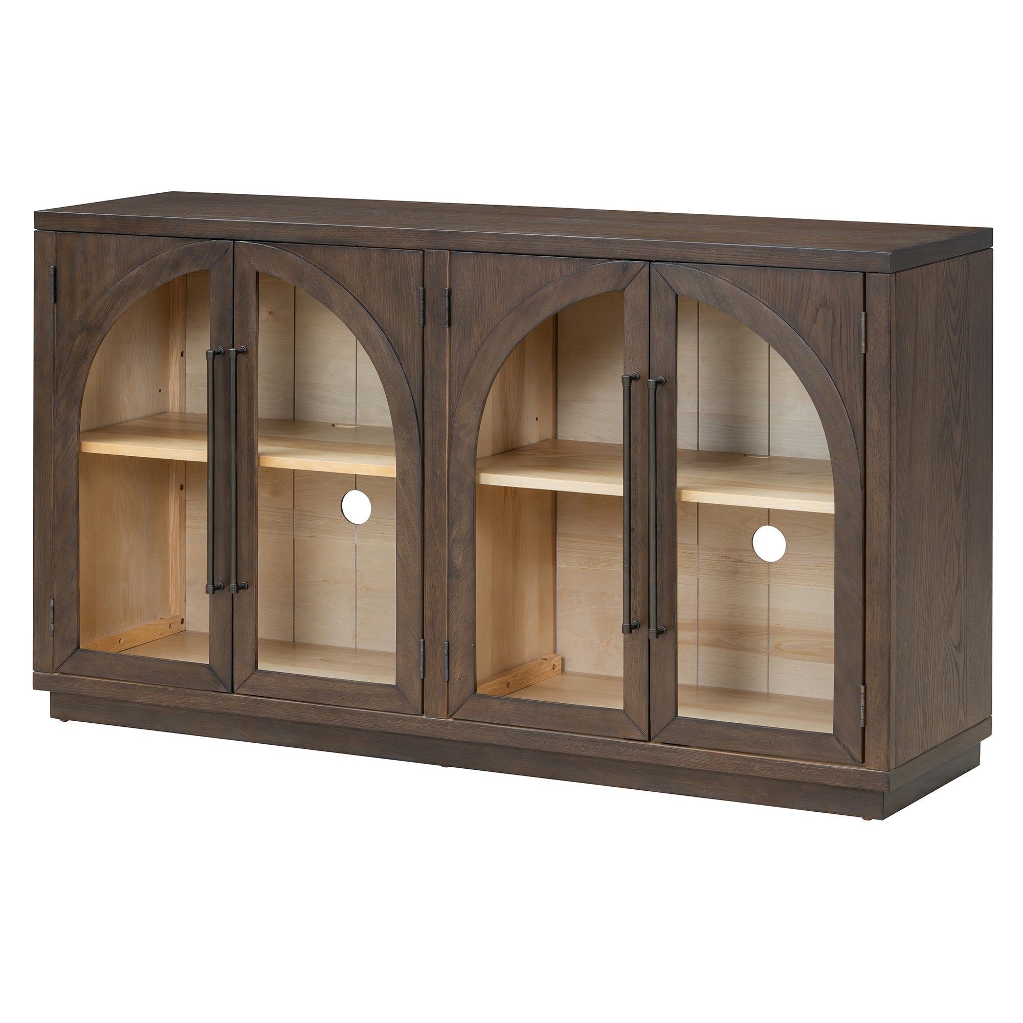 TREXM 4-Door Large Storage Sideboard Buffet Cabinet with Glass Doors, Arched Cabinet with Adjustable Shelves for Kitchen, Dining Room and Living Room (Espresso)