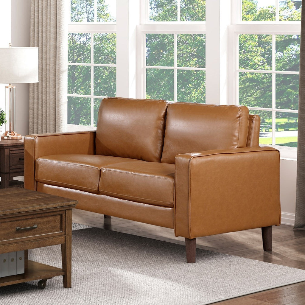 Modern Living Room Furniture 2pc Set Sofa Loveseat Brown Faux Leather Upholstered Cushion Back Seat Solid Wood