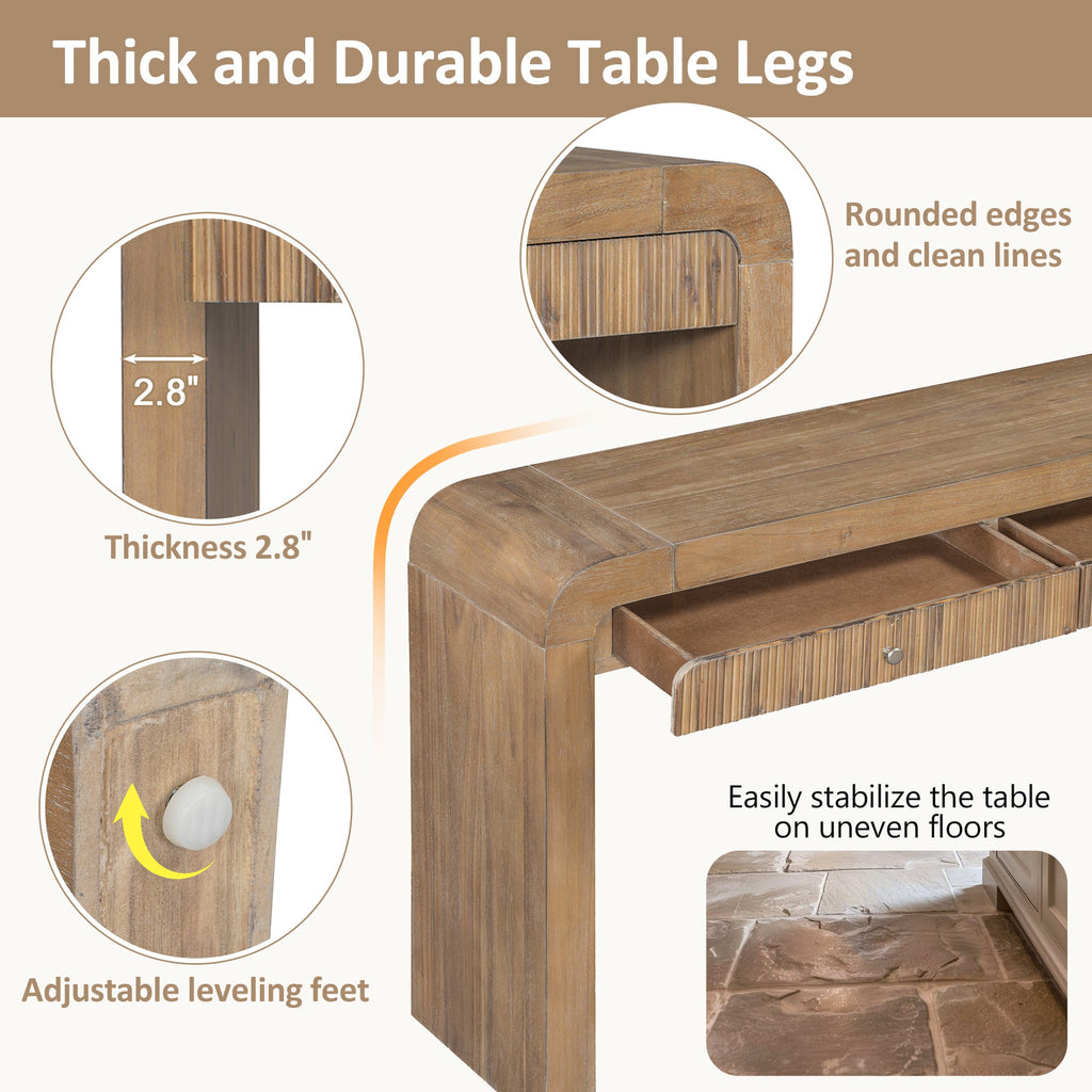 TREXM Rustic Console Table with Fluted Drawer Front, Entryway Table with Curved Corners & Thick Legs, Sturdy Sofa Table for Hallway & Living Room (Natural)