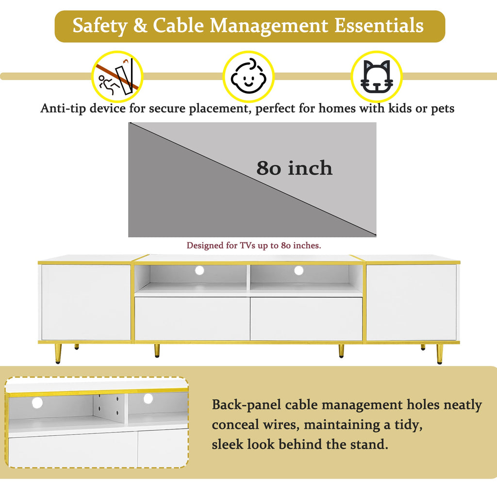 U-Can 70.9'' Modern TV Stand for TVs up to 80 Inches, Entertainment Center with 2 Shelves and  LED Lights, TV Storage Cabinet with 2 Drawers, 2 Cabinets and Metal Legs for Living room