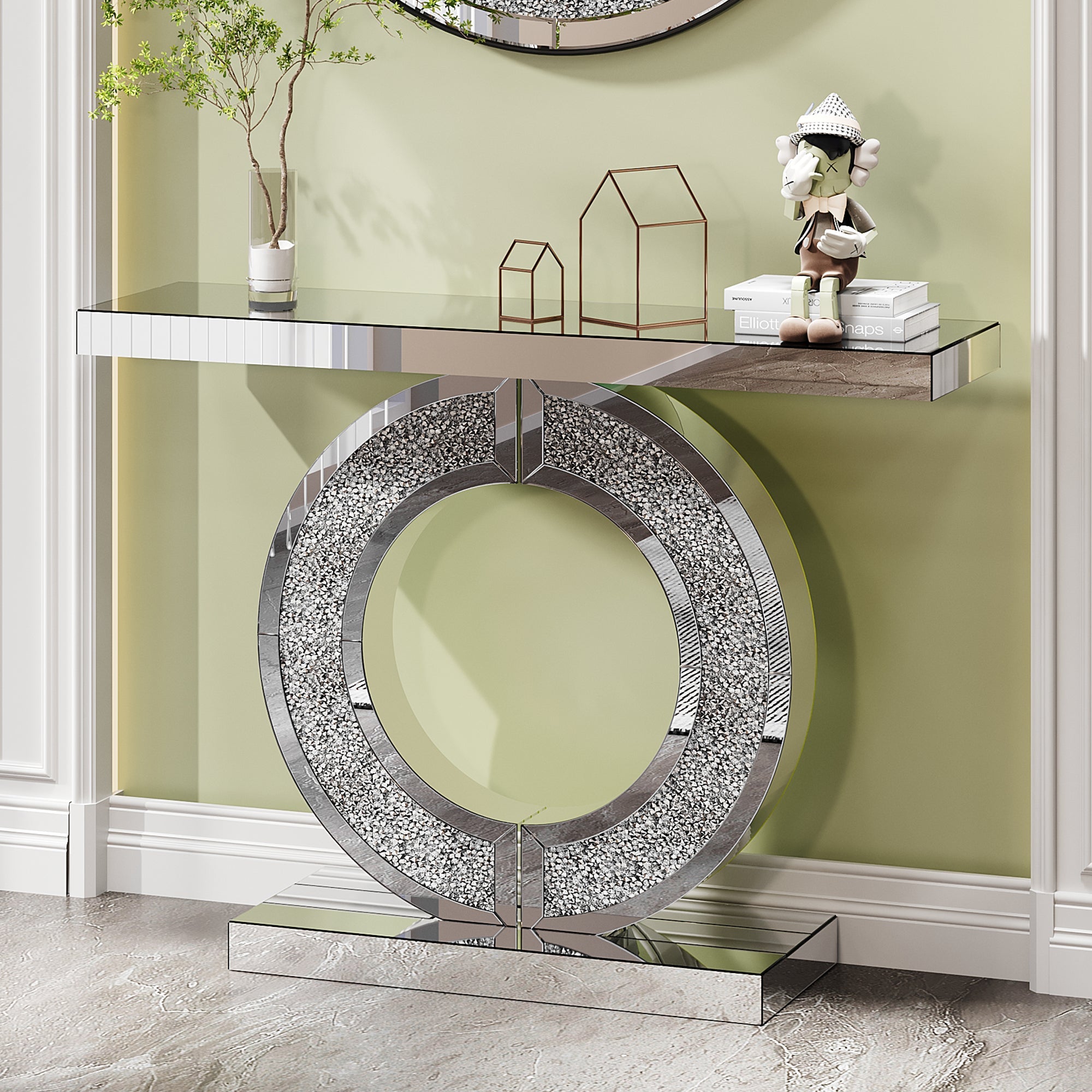 O Shaped Mirror Console Table with Crystal Hallway Entry Home Décor, Handicrafts Mirror Table for Living Room,Mirror Glass Table for Room