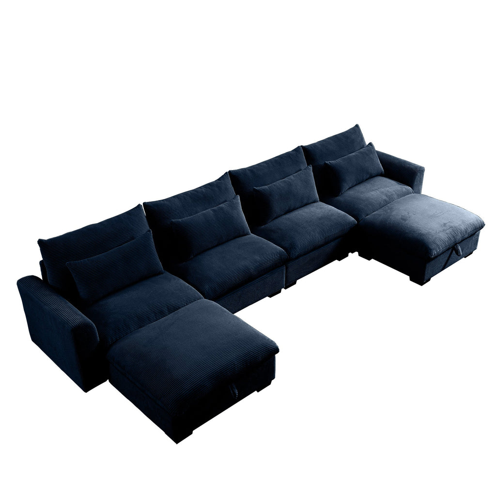 Big Deep Seat U-Shaped Corduroy Sectional Couches for Living Room, 4 Seater Sofa Couch with 2 Storage Footstool and 4 Waist Pillows (Corduroy, Blue)