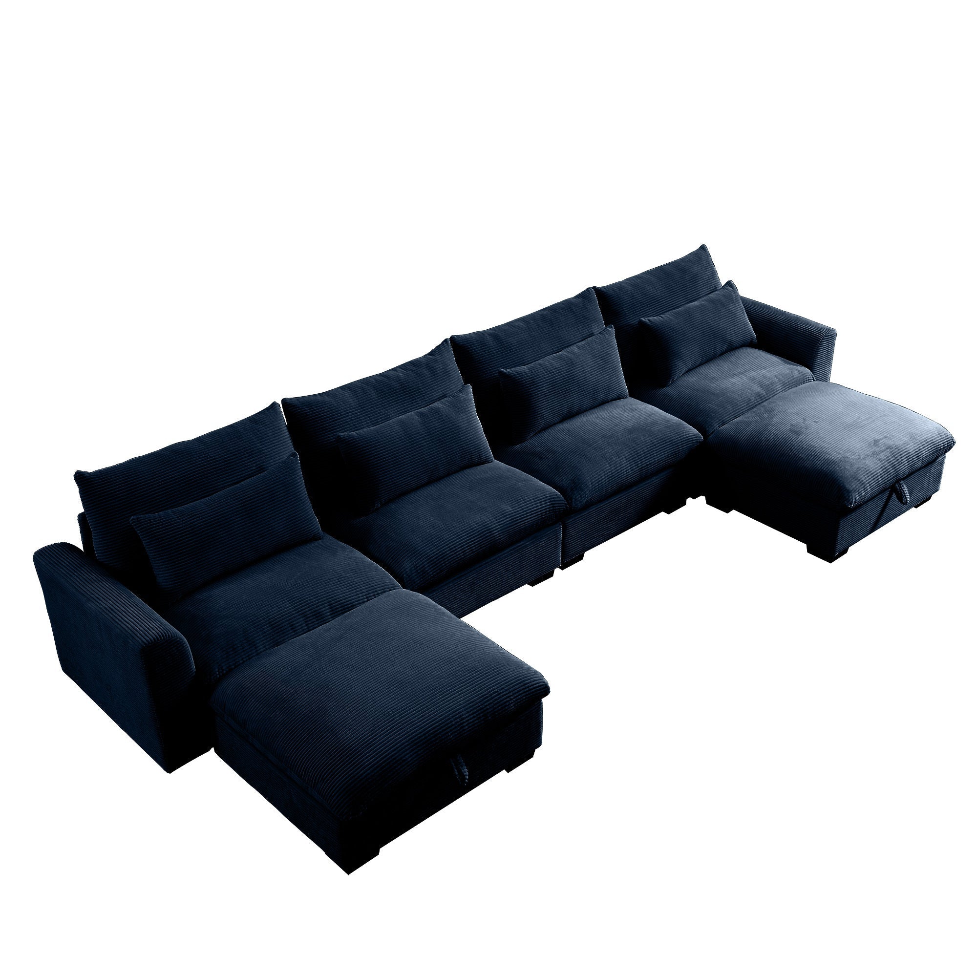 Big Deep Seat U-Shaped Corduroy Sectional Couches for Living Room, 4 Seater Sofa Couch with 2 Storage Footstool and 4 Waist Pillows (Corduroy, Blue)