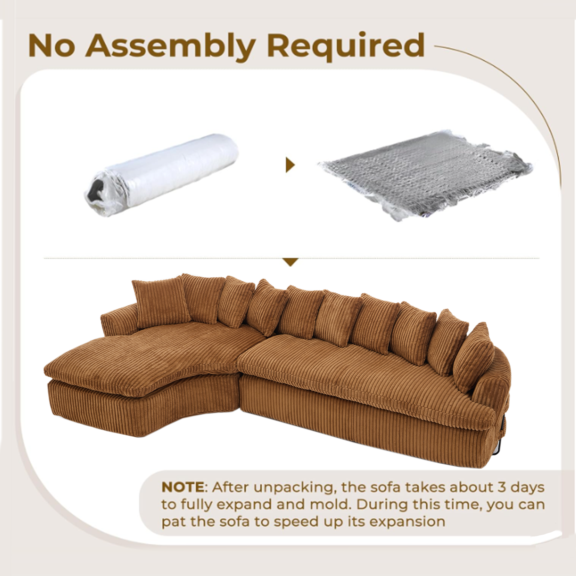 127''  Large Sectional Sofa ,Elegant Curved Design ,High-Resilience Foam ,Ten Back Cushions,L-Shape Left Sofa,No Assembly  Required , (Brown-Soft Corduroy Fabric)