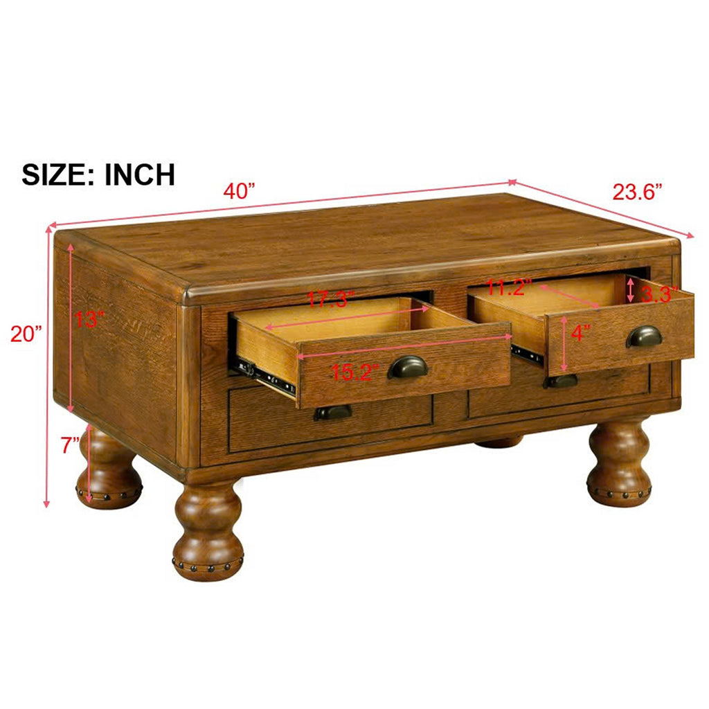 Solid Wood Rectangle Coffee Table for Living Room, 40-Inch Antique Coffee Table with 4 Drawers, Wood Center Table Tea Table with Rivet Decoration Legs.Easy Assembly,  Antique Brown