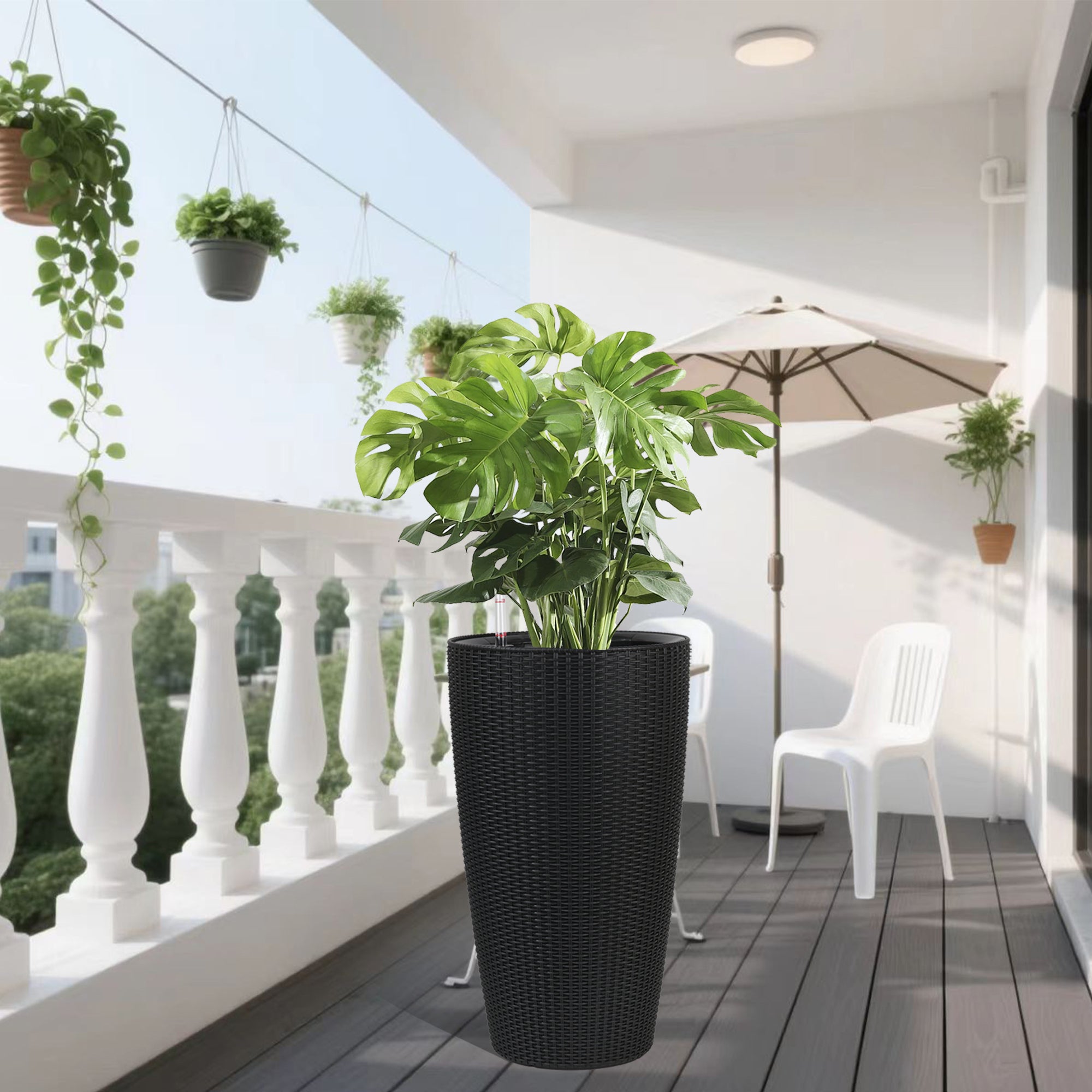 Faux Rattan Tall Planters Set with Water Level Monitor and Auto Watering, Black, Polypropylene, 22 Inch