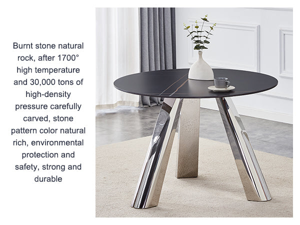 42' Luxury Sintered Stone Table: 0.45' Durable Top + 6' Steel Legs,350lb Capacity, Stain/Heat-Resistant Black Veined Surface - Modern Minimalist DesignW1512S00111