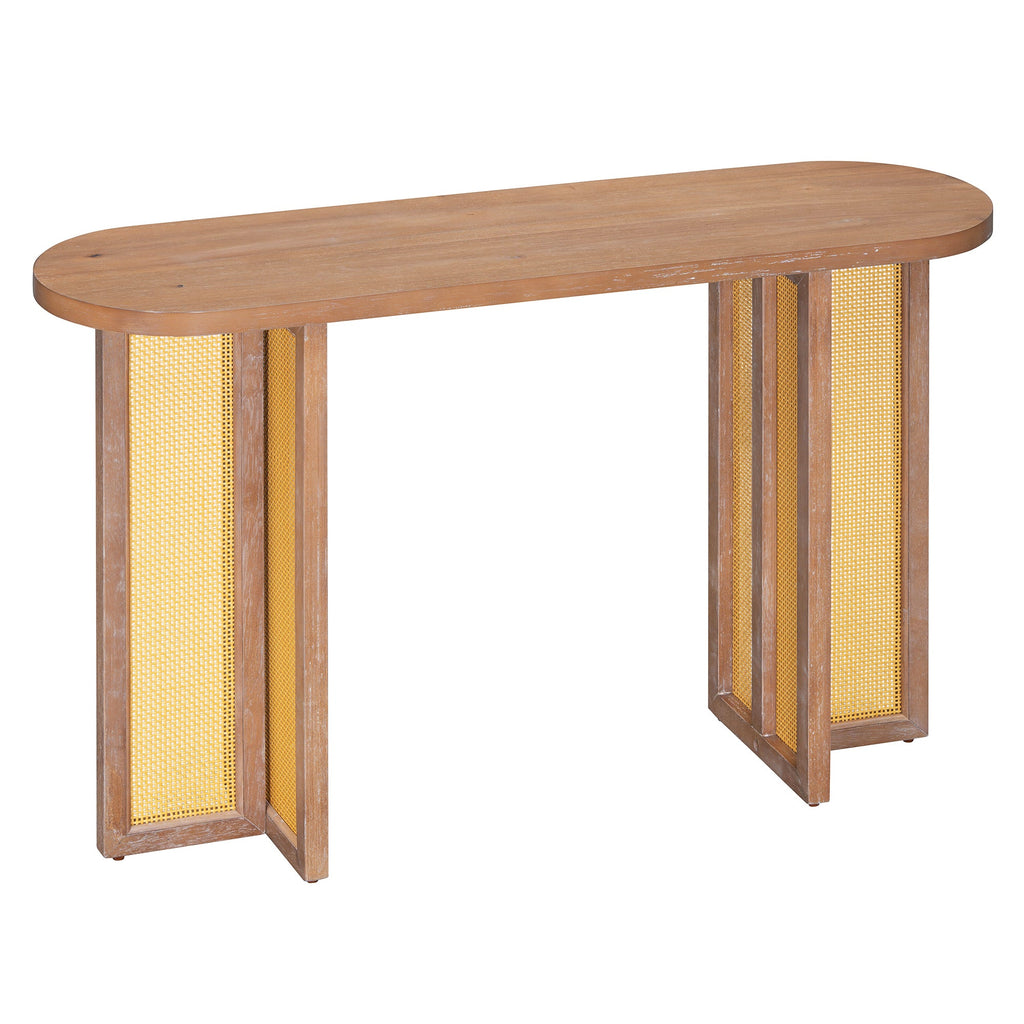 TREXM Farmhouse Rattan Console Table Entryway Table, Narrow Console Table with Storage, Hallway Table for Living Room, Entrance (Natural Wood Wash)