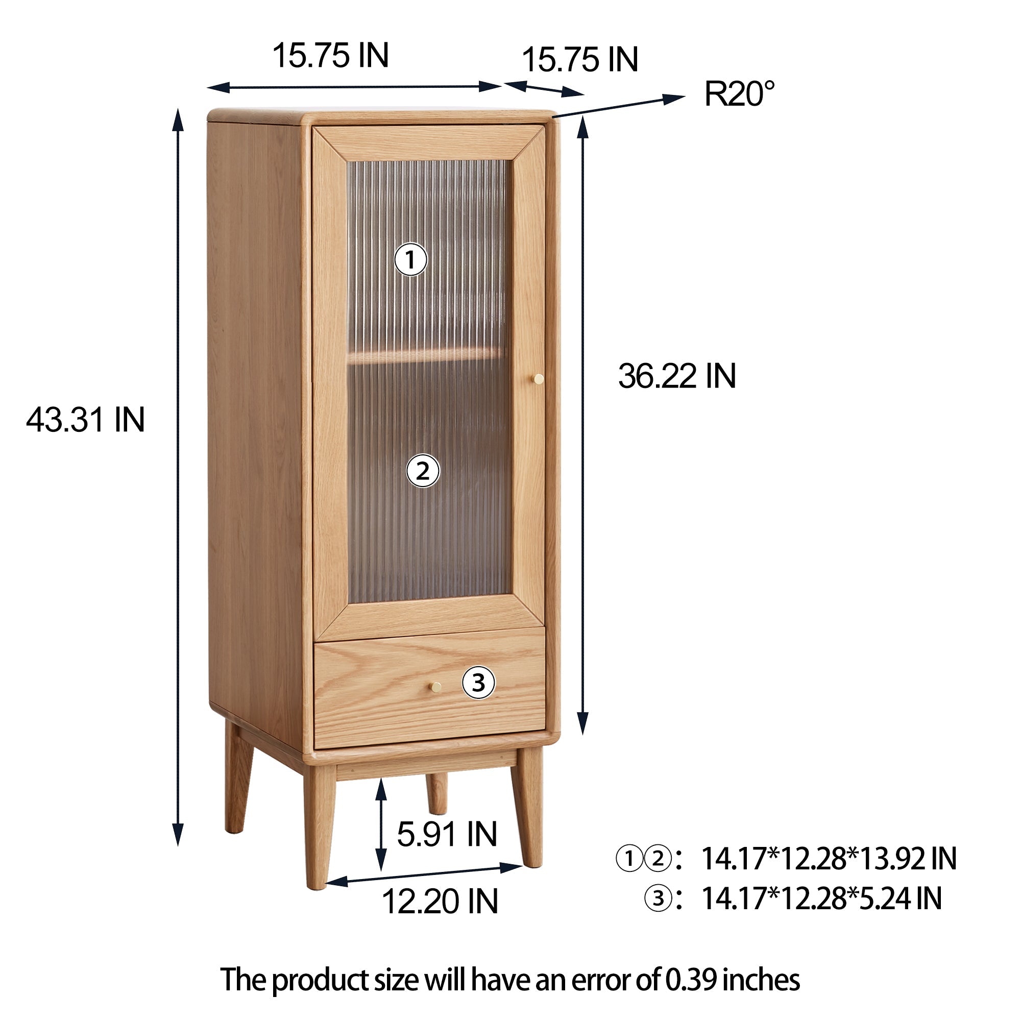 Solid Oak Storage Cabinet with Vintage Glass Door and Brass Handle, 2 Shelves, 1 Drawer - Free-Standing Corner Design for Living Room