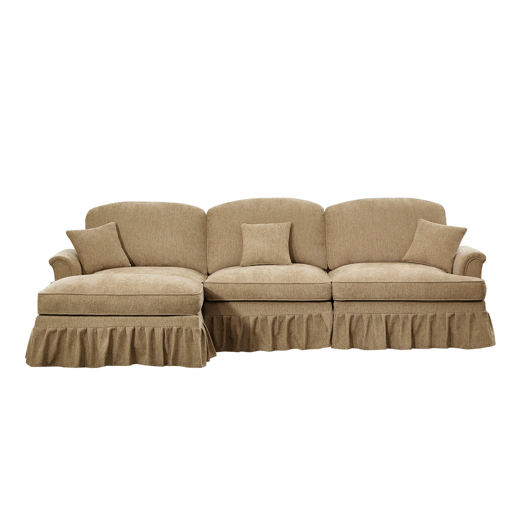 Mid Century Three Seater Modular L Shaped Sectional Couch with Flared Arms and Removable Ruffles Pleats Skirts and Spindle Legs, Comfy Chenille 3-Seat Deep Seat Sofa with Movable Ottoman,Light Coffee