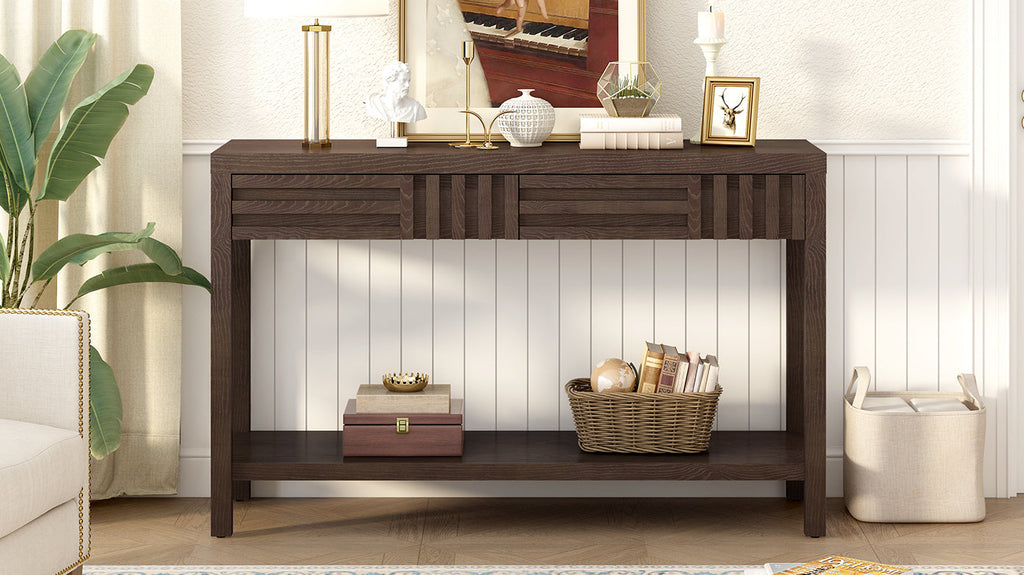 U_STYLE Modern Ash Veneer Console Table, Classic Striped Design, with 2 Drawers & Open Shelf, Perfect for Living Room, Hallway, Entryway, Study Room