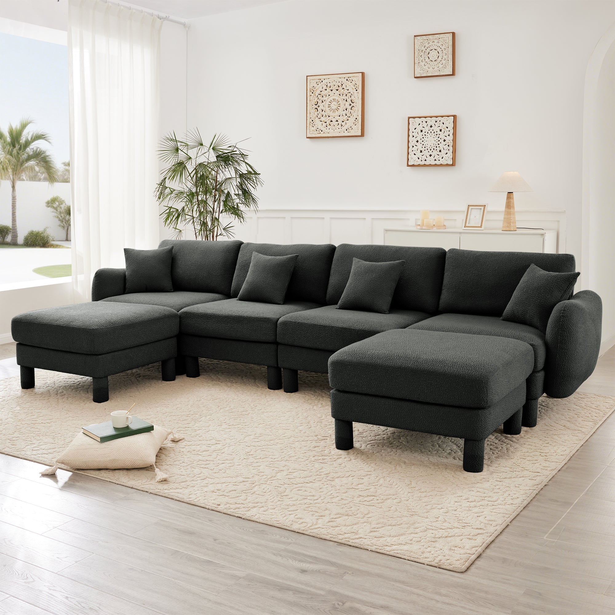 Boucle Fabric U Shape Sectional 4-seater Sofa Couch With Distinctive Shell-shaped Armrests And 2 Movable Ottomans,Cylindrical Legs Wrapped with Self-fabric,Dark Grey  Color