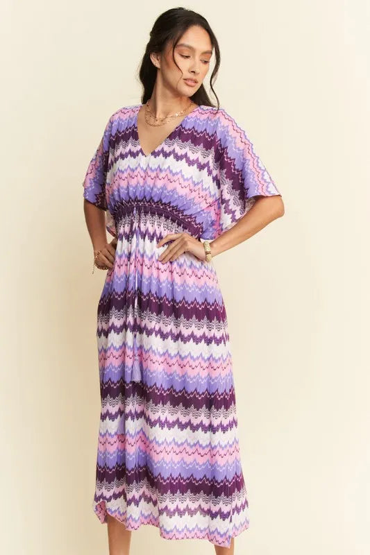 Davi & Dani Multi Color Wavy Tie Waist Flowy Sleeve Dress
