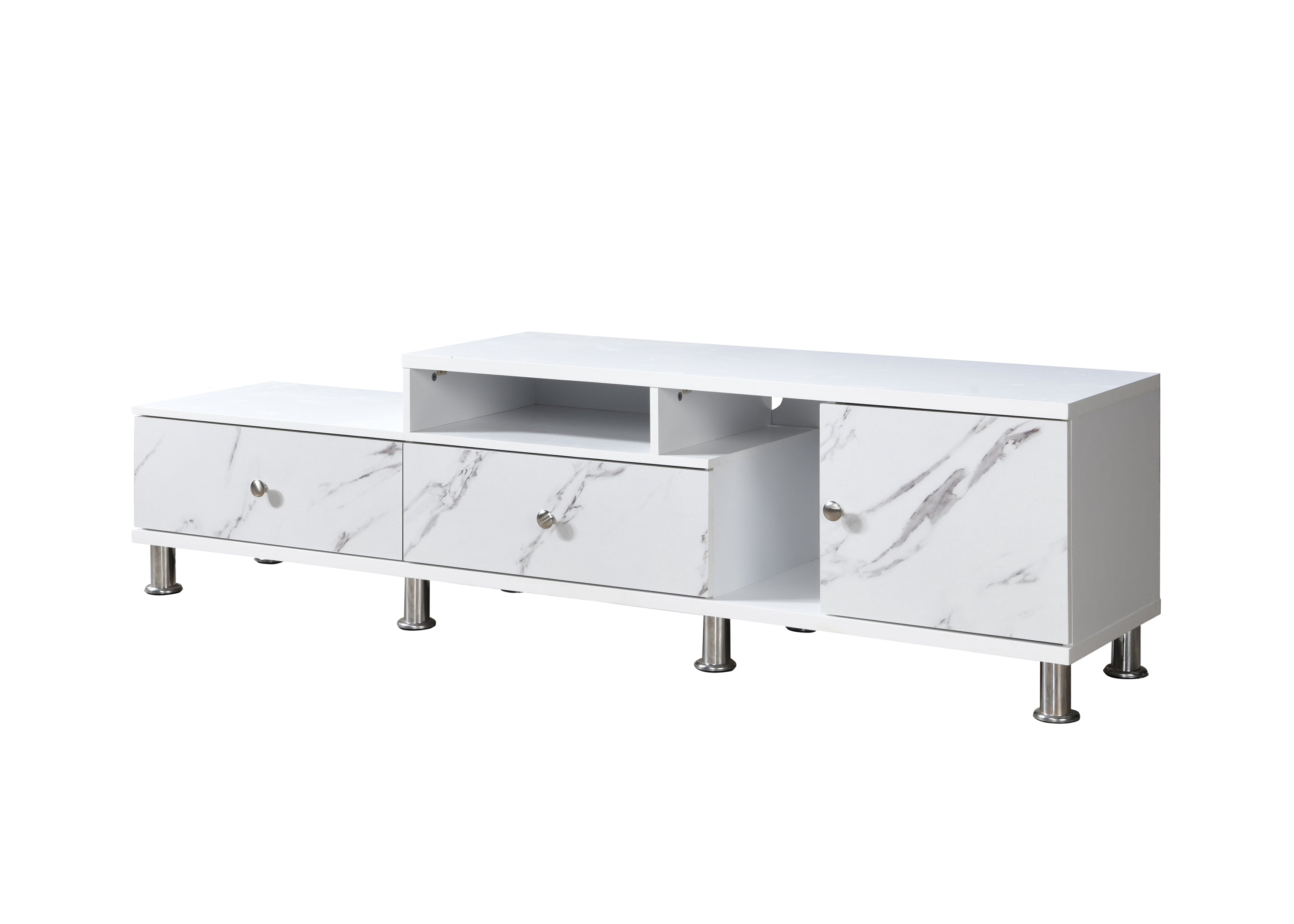 1pc Modern Sleek White Finish Faux Marble Accents Silver-tone Legs TV Stand Console Living Room Furniture