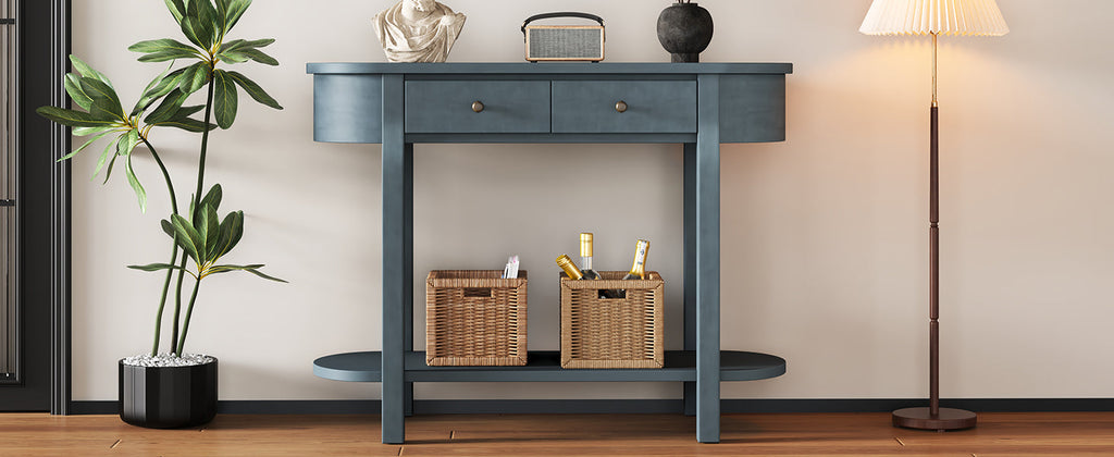 TREXM Elegant Retro Console Table with Curved Design and Smooth Glaze for Entryways, Living Rooms and hallways (Navy)