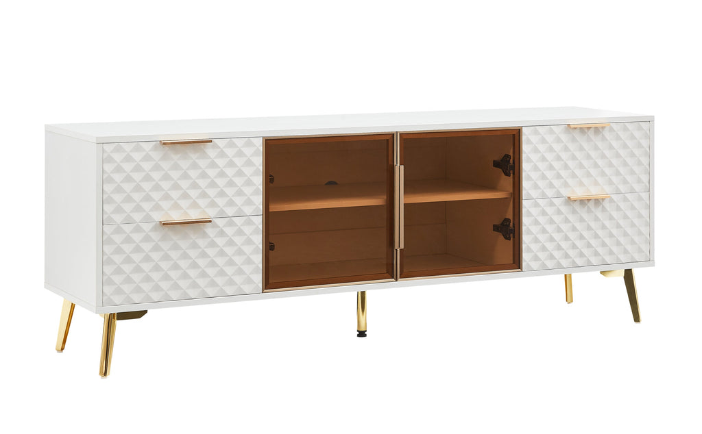 Deluxe Sculpted Modern Fashion Geometric Style TV Stand, Aluminum Frame Tempered Glass Door 4 Drawer Chest with Adjustable Metal Feet ,White,59.9'L x 15.7'W x 21.7'H