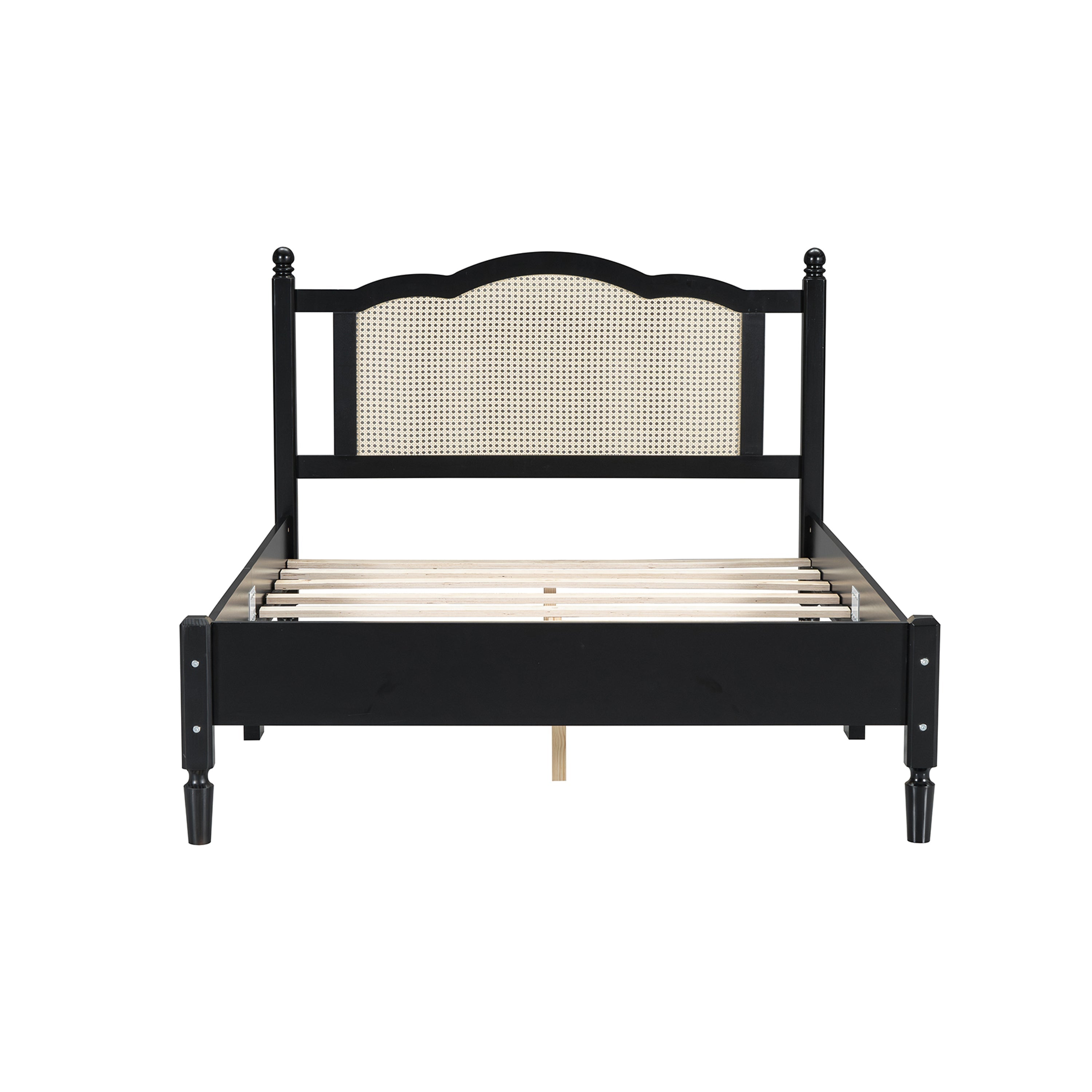 Full Size Wooden Platform Bed with Natural Rattan Headboard, Vintage Bed Frame with Wooden Slat Support, Black
