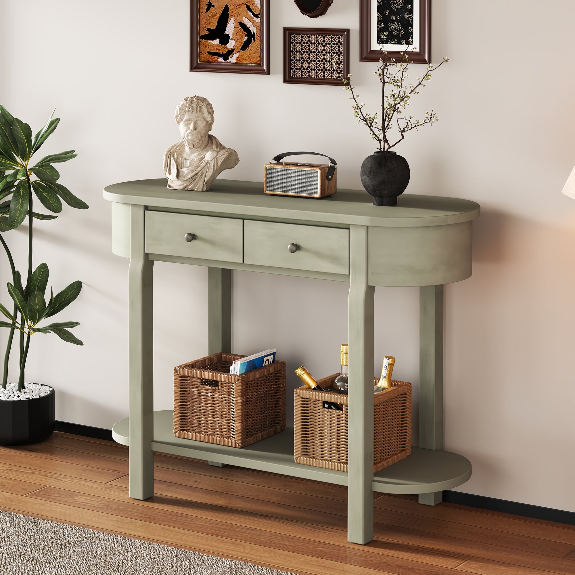 TREXM Elegant Retro Console Table with Curved Design and Smooth Glaze for Entryways, Living Rooms and hallways (Grey)