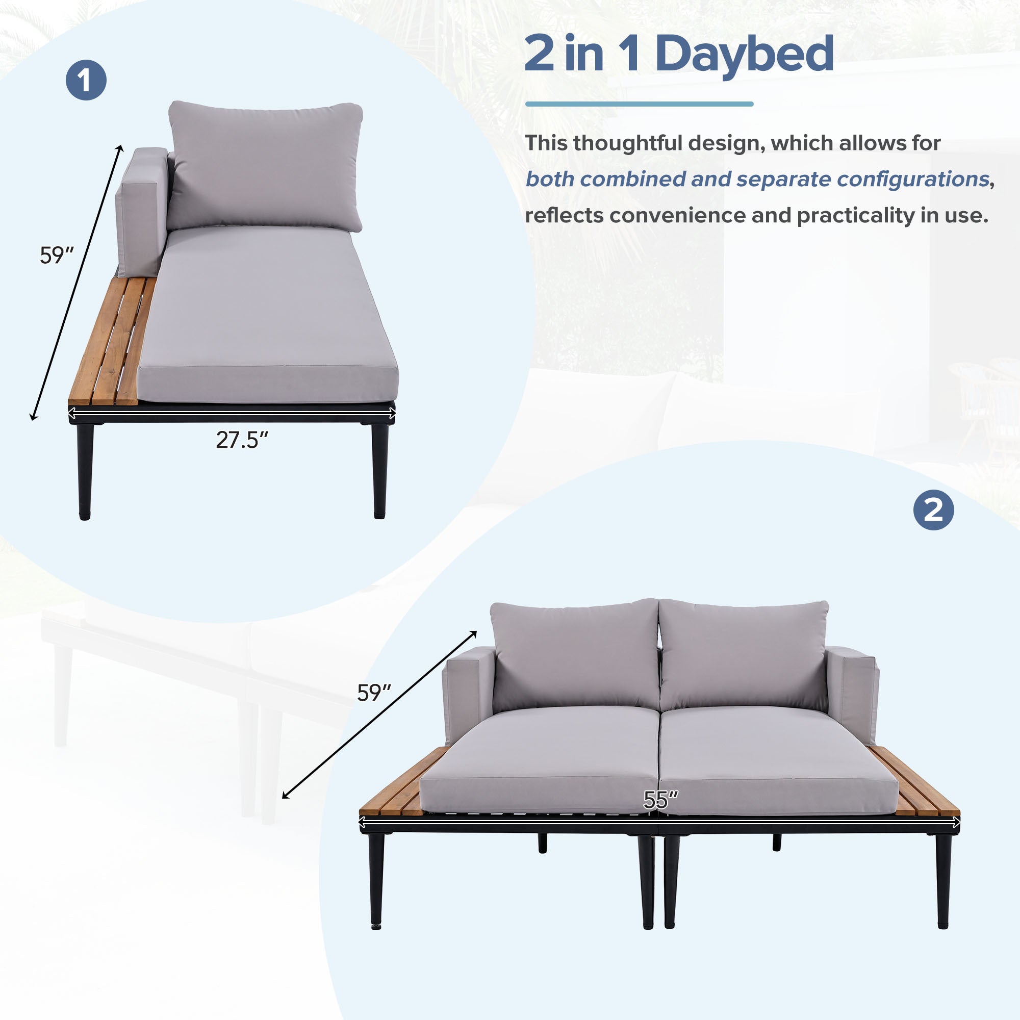 TOPMAX Modern Outdoor Daybed Patio Metal Daybed with Wood Topped Side Spaces for Drinks, 2 in 1 Padded Chaise Lounges for Poolside, Balcony, Deck, Gray