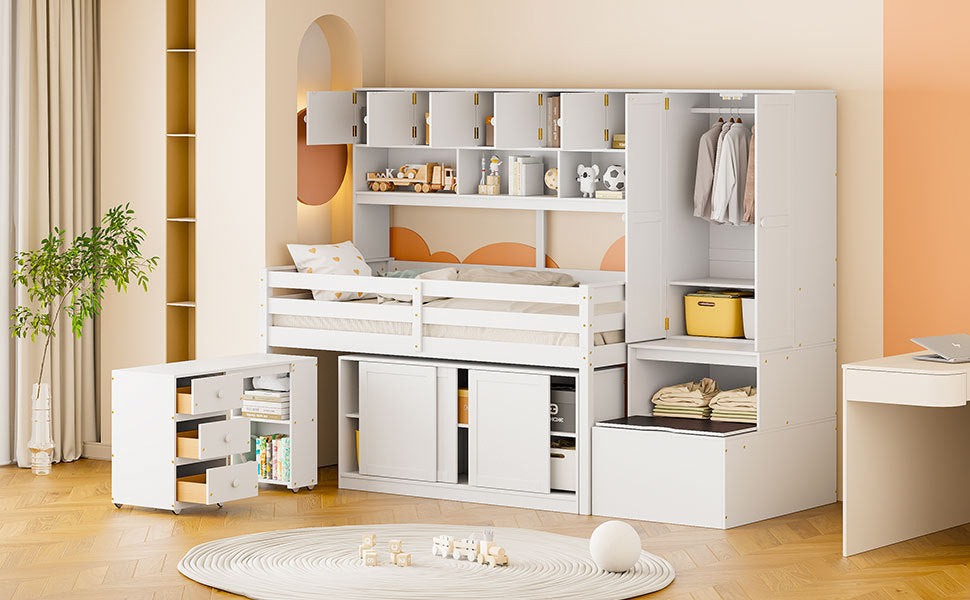 Twin Size Wooden Loft Bed Big Storage with Under-bed Desk, with Drawers, with Shelves, White