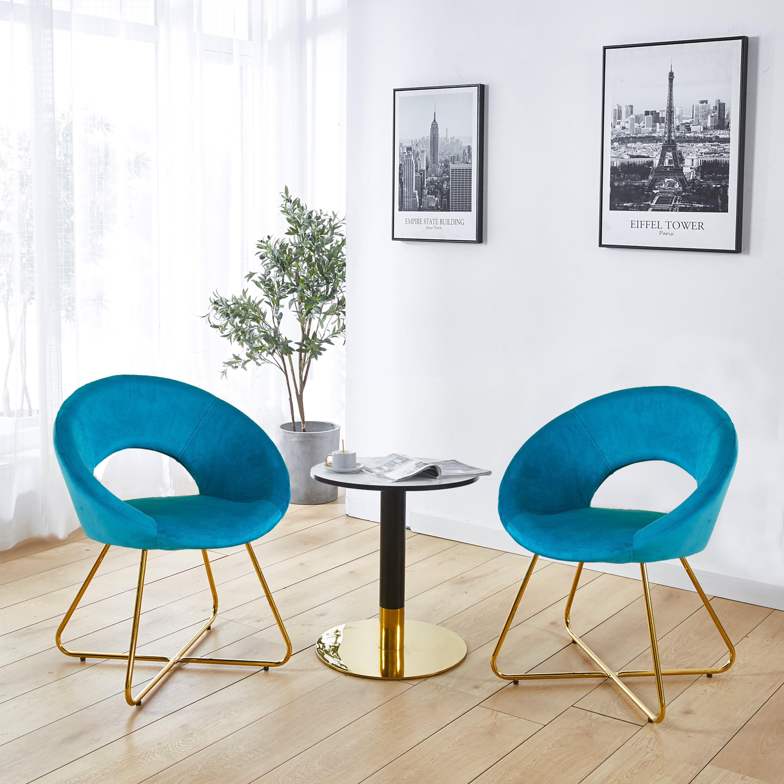 Modern Accent Velvet Chairs Set of 2 Dining Chairs Single Sofa Comfy Upholstered Arm Chair Living Room Furniture Mid-Century Leisure Lounge Chairs with Golden Metal Frame Legs