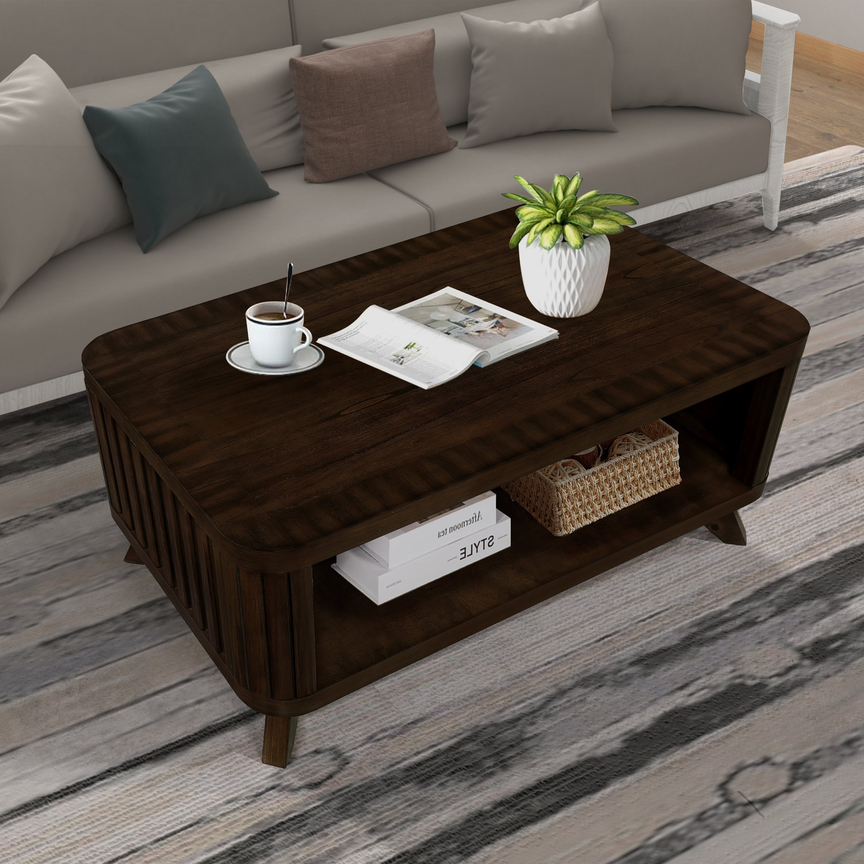 Rectangular Wood Coffee Table for Living Room, 41.5-Inch Coffee Table with Solid Wood Legs, Wood Center Table Tea Table with Open Storage Shelf. Easy Assembly,  Espresso
