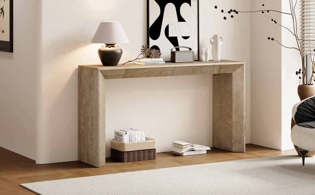 TREXM 60' Modern Farmhouse Console Table with 2 Concealed Drawers, Waterfall Design Entryway Table with Thickened Legs & Rustic Wood Grain for Living Room, Entryway & Hallway (Natural)