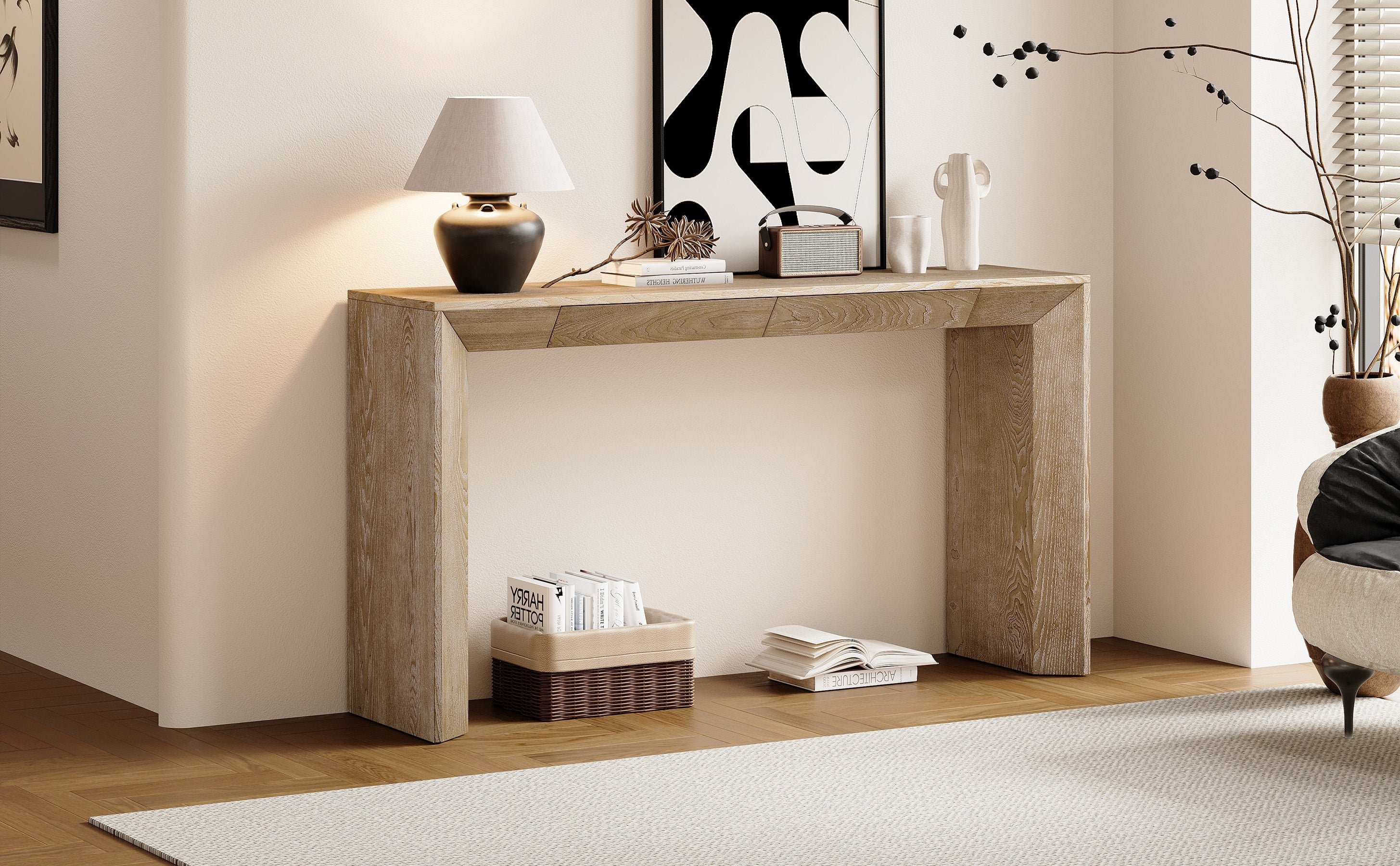 TREXM 60' Modern Farmhouse Console Table with 2 Concealed Drawers, Waterfall Design Entryway Table with Thickened Legs & Rustic Wood Grain for Living Room, Entryway & Hallway (Natural)