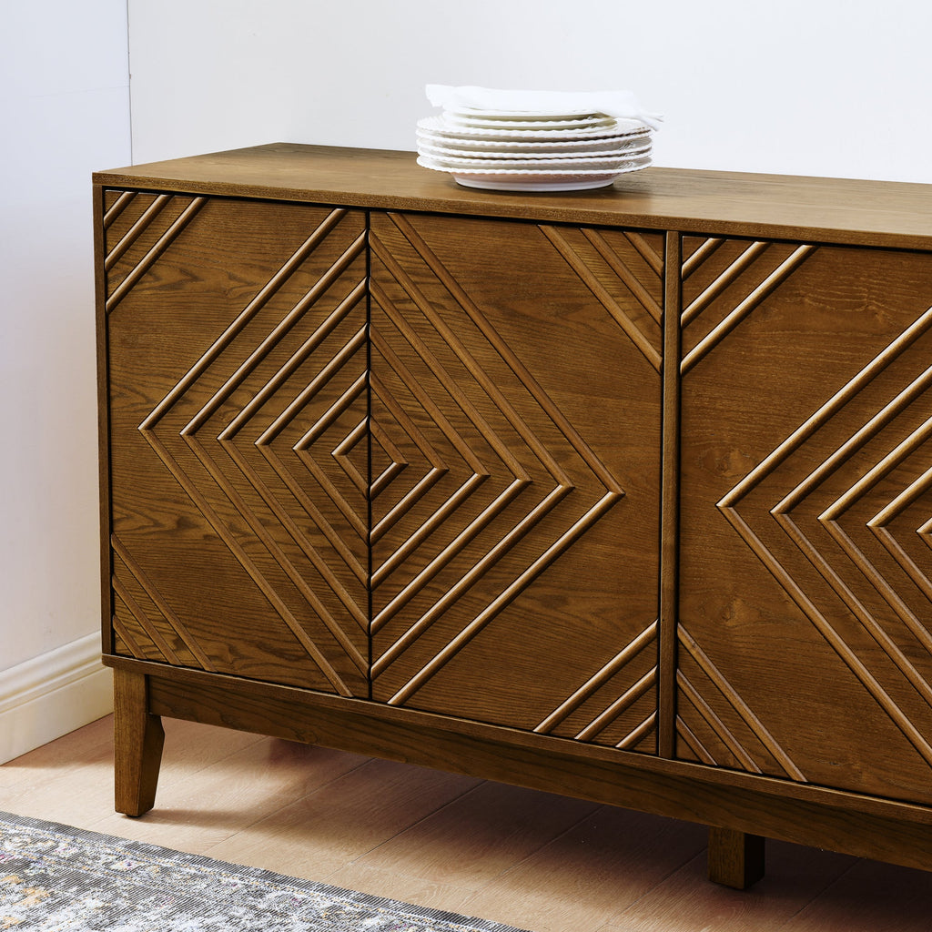 60.5'' Buffet Cabinet with Storage, Farmhouse Fluted Sideboard with Geometric Pattern & Adjustable Shelves, Mid Century Modern TV Stand for Living Room Kitchen Dining Room Entryway, Walnut