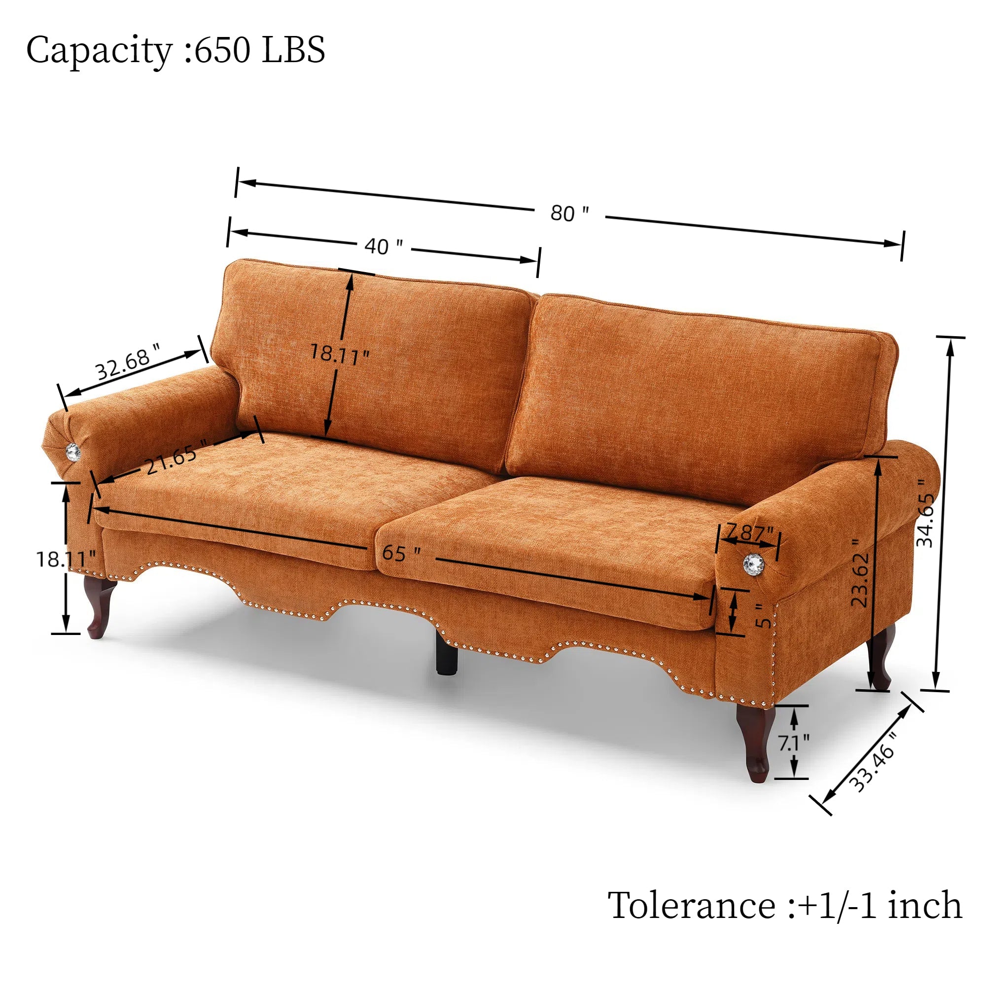 80-Inch Modern Velvet 3 seat Sofa with Wooden Legs & Crystal button and Copper Nail, Tufted Backrest, Perfect for Living Room, Bedroom, or Office (Orange)