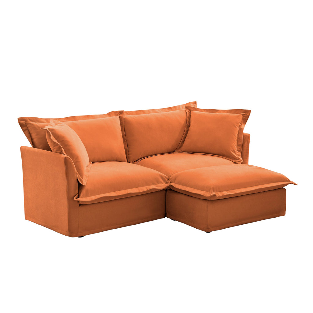 Slipcovered Sectional 2 Seater Sofa Couch with Convertible Ottoman, Wide and Deep Seat L Shaped Sofa with Detachable Cover and Soft Multiple Big Pillows, Chenille Fabric, Orange