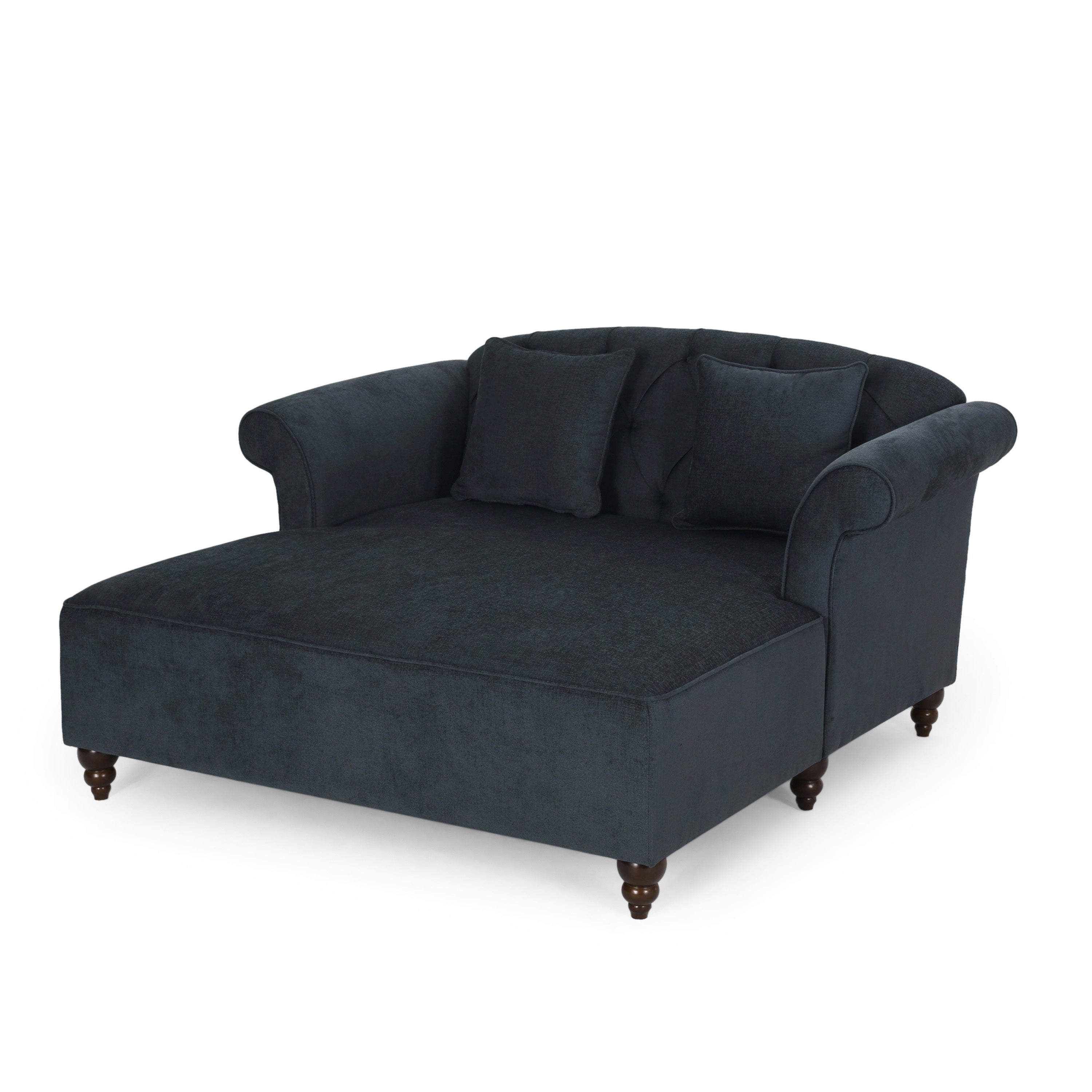 Upholstered Chaise Lounge with Scroll Arms, Turned Legs and 2 Pillows, Charcoal