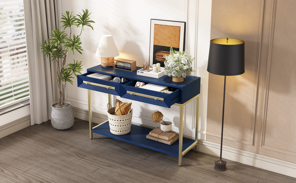 TREXM Entryway Table, Console Table with Two Drawers, Retro Hallway Table with Striking Geometric Design for Entryway and Living Room (Navy)