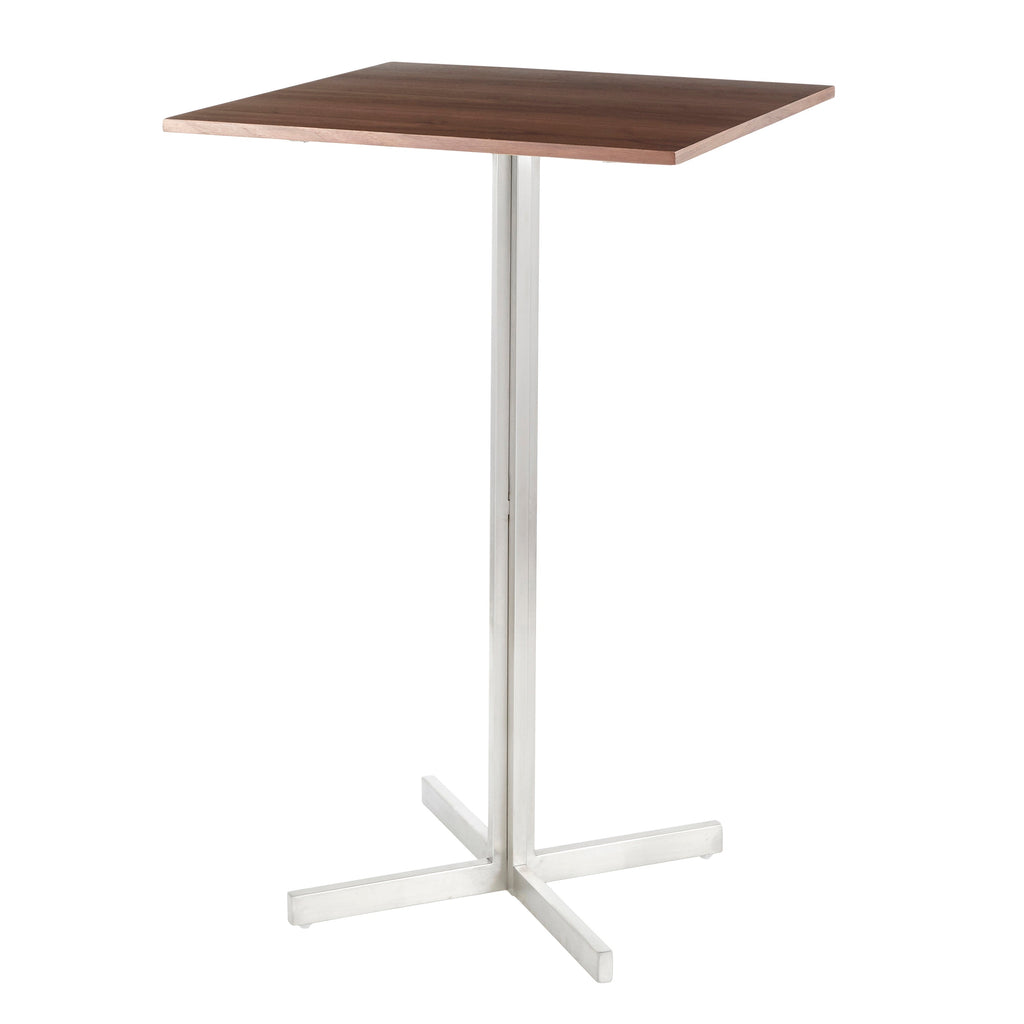 Fuji Contemporary Square Bar Table in Stainless Steel with Walnut Wood Top by LumiSource