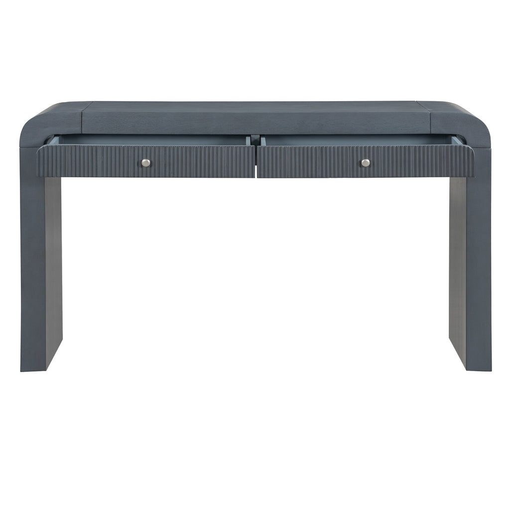 TREXM Rustic Console Table with Fluted Drawer Front, Entryway Table with Curved Corners & Thick Legs, Sturdy Sofa Table for Hallway & Living Room (Dark Navy)