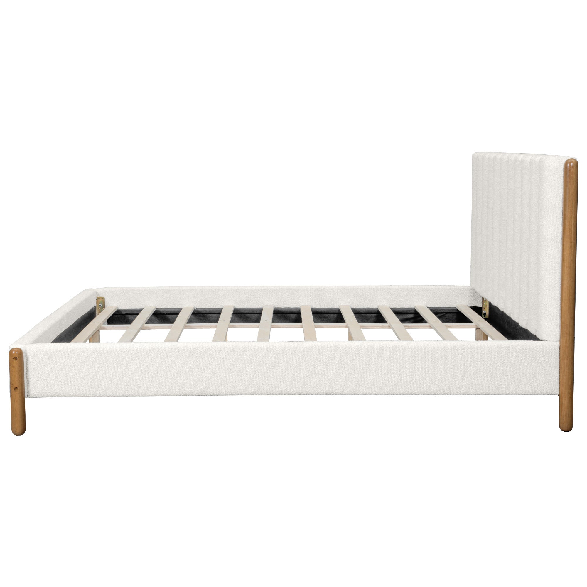 California King Size Bed Frame with Boucle Upholstered Thick Headboard, Solid Wooden Legs, White