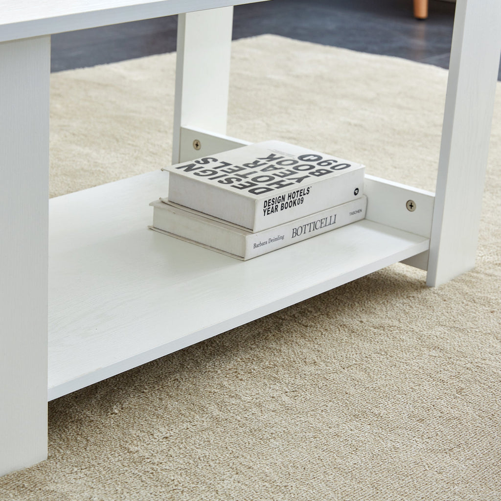 A modern and minimalist white double layered rectangular coffee table and coffee table. MDF material is more durable and suitable for living rooms, bedrooms, and study rooms. 19.6 "*35.4"*16.5 "CT-16