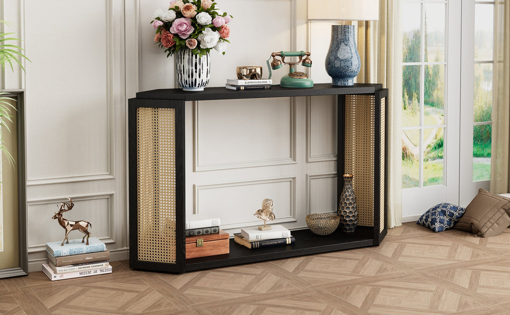 TREXM Narrow Console Table with Unique Irregular Top Design, Entryway Table with Open Shelf, Rattan Sofa Table for Living Room Hallway and Entrance (Black)