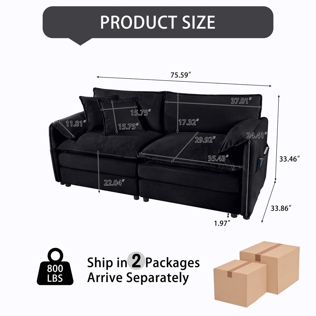 Oversized Chenille Loveseat Sofa, Oversized 2-Seater Small Cloud Couch, Modern Comfy Deep Seat Love Seat for Living Room Bedroom Office Apartment,DIY Combination,Black