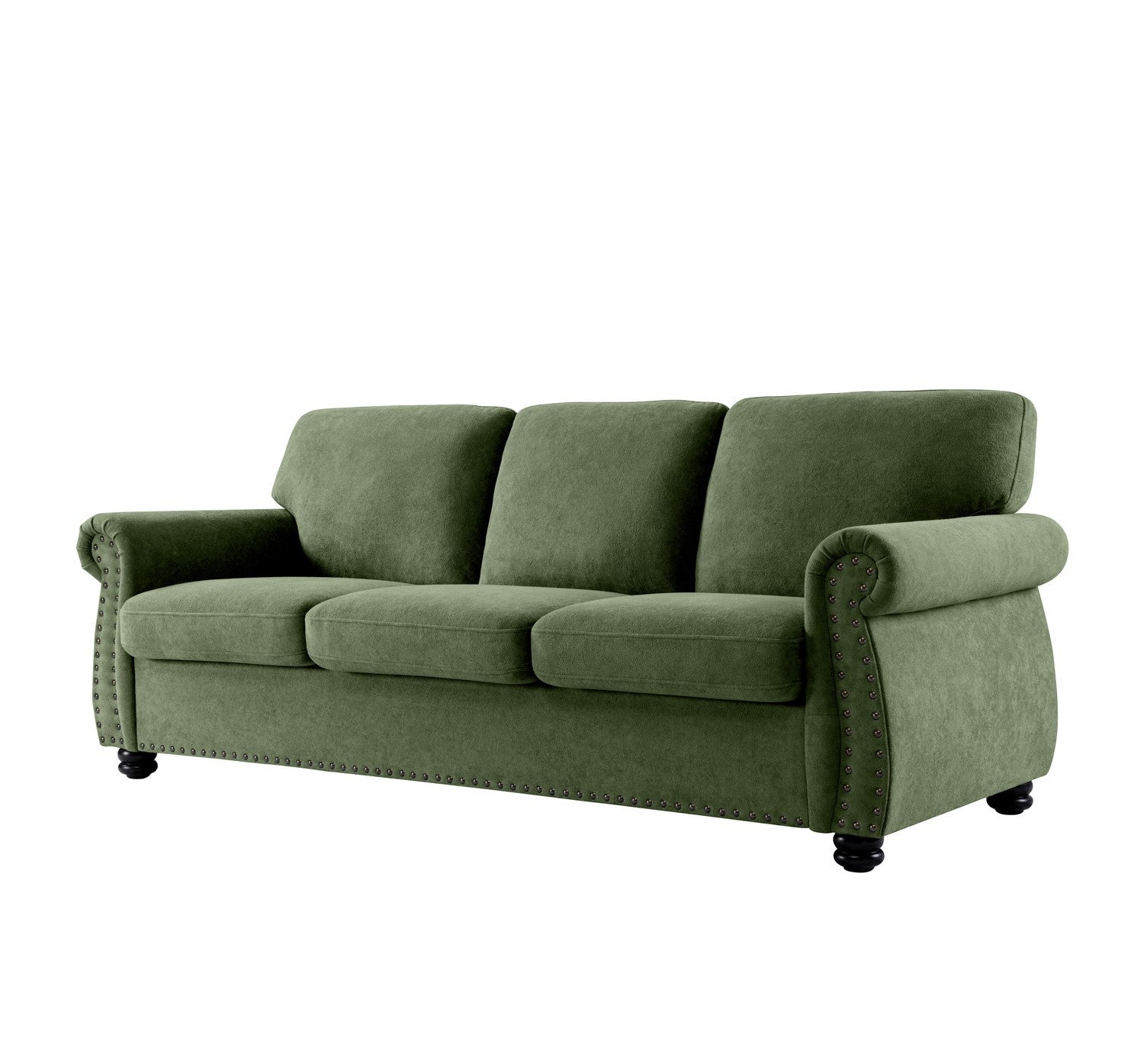 Soft Velvet Sofa, Upholstered 3 Seater Couch with High-Density Foam, Loose Back Cushions and Solid Wood Turned Legs, Chic Living Room Furniture for Home, Apartment and Office, Green