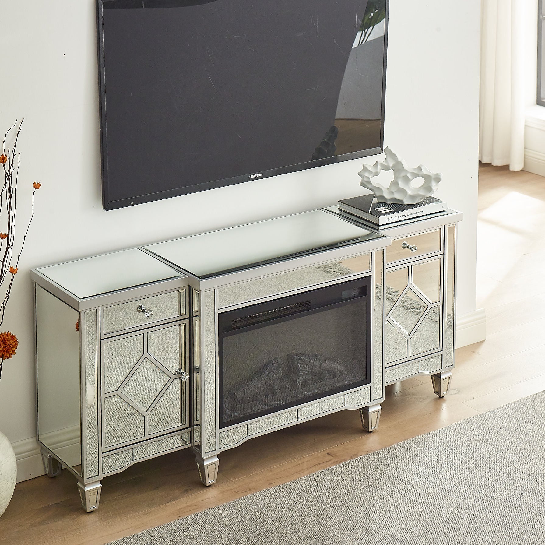 W 57' X D 15 ' X H 25.6' Flash silver combination TV fireplace cabinet