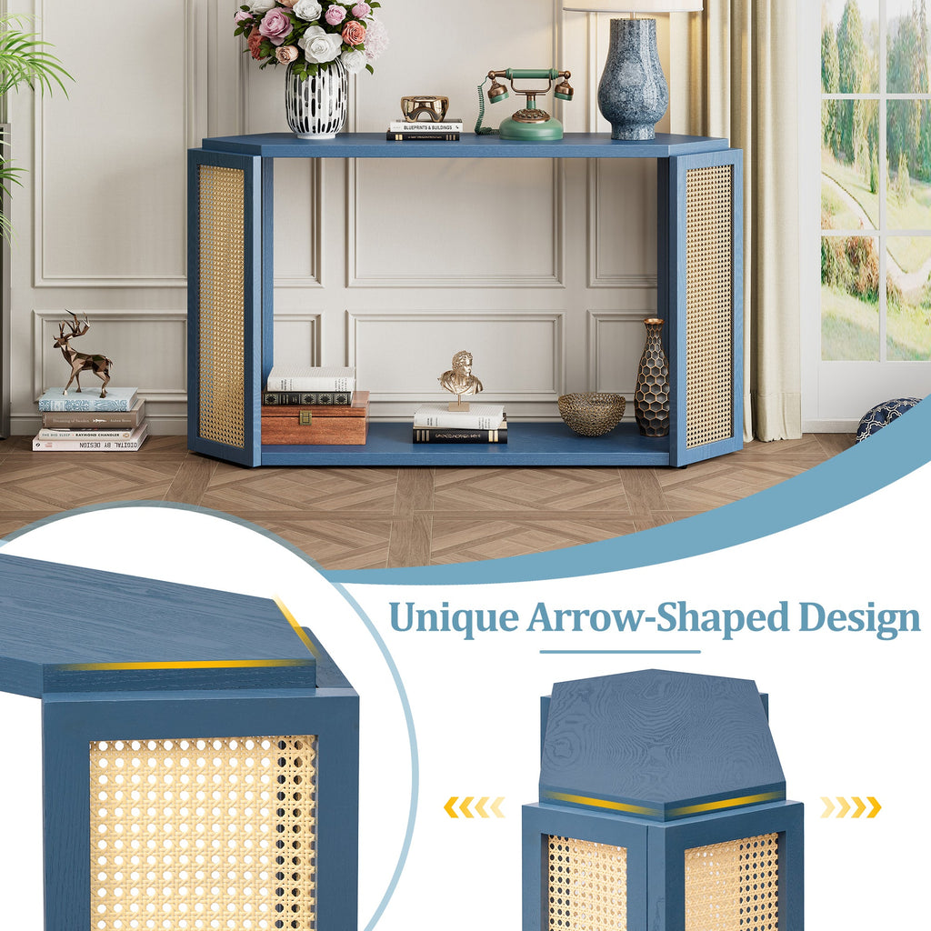 TREXM Narrow Console Table with Unique Irregular Top Design, Entryway Table with Open Shelf, Rattan Sofa Table for Living Room Hallway and Entrance (Antique Blue)