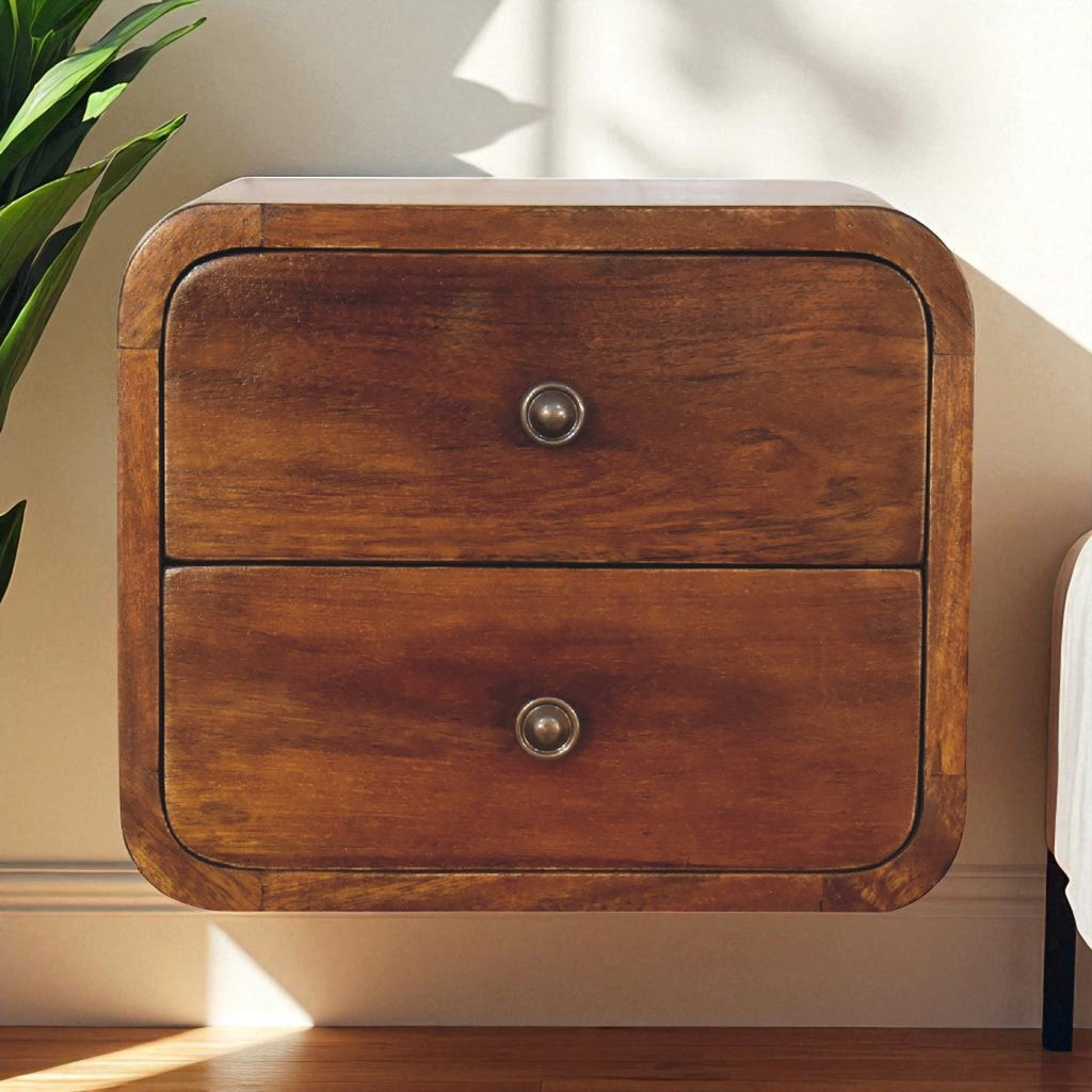 Solid Wood Floating Mini Chestnut nightstand, 2-Drawers, Shiny Knobs