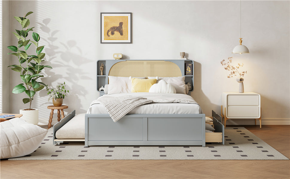 Queen Size Rattan Headboard Bed with Two Drawers and Trundle, Gray